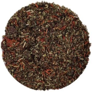 Golden Lush honeybush tea blend with cranberries, lemon verbena, and marigold petals.