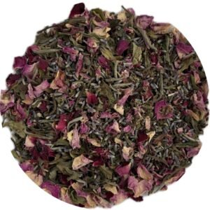 Primavera Tea loose leaf blend with white peony, lemon verbena, lavender, and pink rose petals