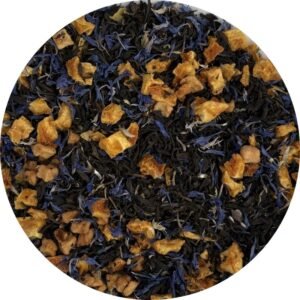 Lua Azul Tea loose leaf blend with black tea, orange peel, dried apple, and cornflower petals